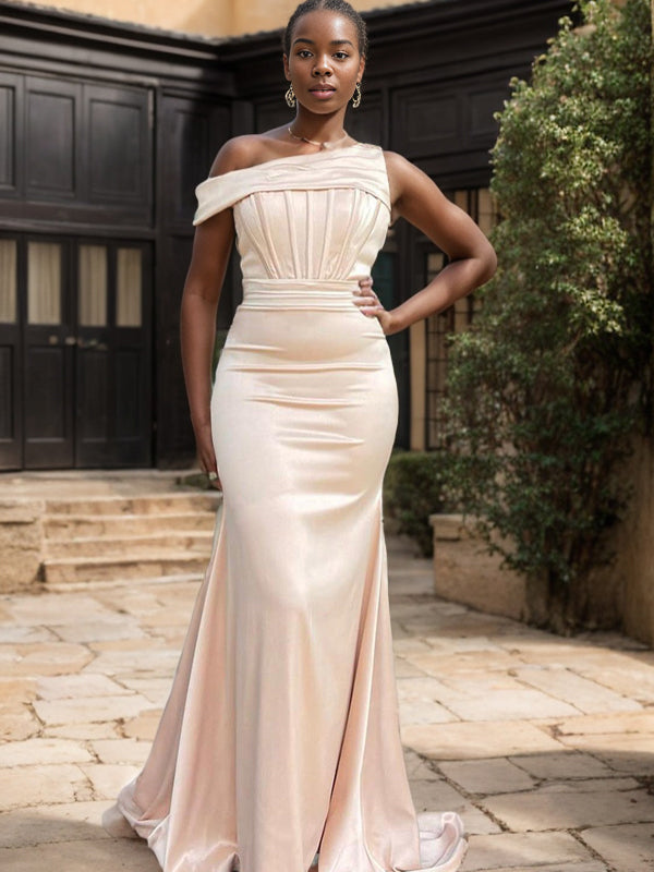 Sheath Pleated Sweep Train Silk Like Satin Corset Bridesmaid Dress