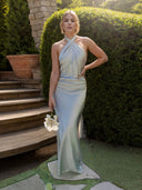 Sheath Halter Pleated Floor-Length Silk Like Satin Bridesmaid Dress