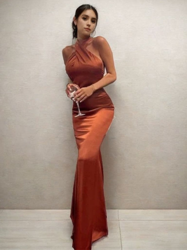 Sheath Halter Pleated Floor-Length Silk like Satin Bridesmaid Dress