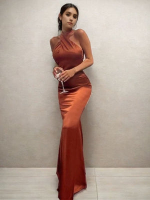Sheath Halter Pleated Floor-Length Silk like Satin Bridesmaid Dress