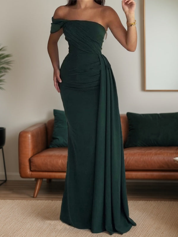 Sheath One-Shoulder Pleated Floor-Length Stretch Crepe Bridesmaid Dress
