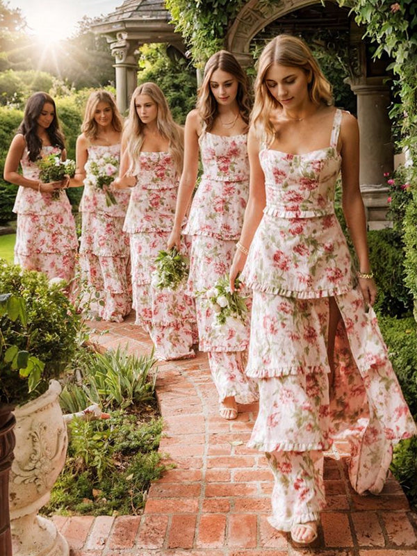 A-line Straps Sleeveless Ruffles Floor-Length Bridesmaid Dresses