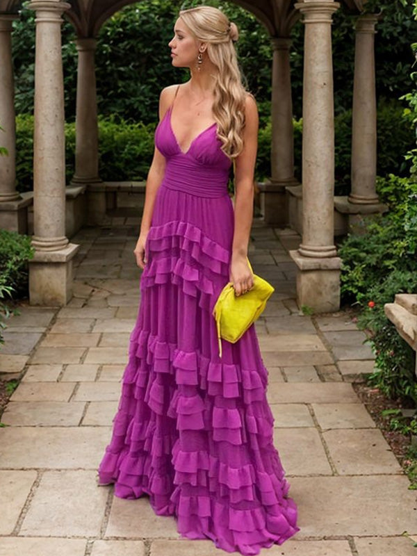 A-line V-neck Sleeveless Cascading Ruffles Floor-Length Chiffon Bridesmaid Dresses