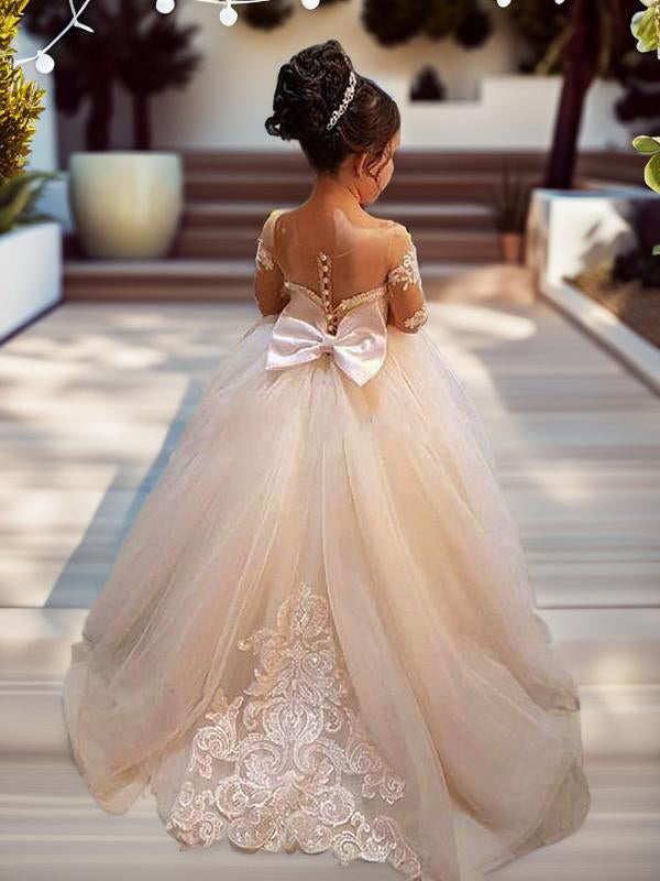 Ball-Gown Off-the-Shoulder Long Sleeves Bow Sweep Train Tulle Flower Girl Dress
