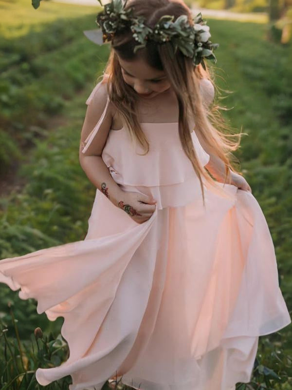 Empire Spaghetti Straps Cascading Ruffles Floor-Length Chiffon Flower Girl Dress