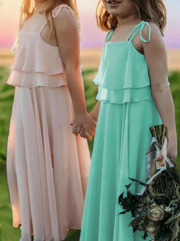 Empire Spaghetti Straps Cascading Ruffles Floor-Length Chiffon Flower Girl Dress