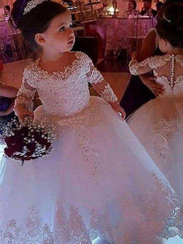 Ball-Gown Scoop Long Sleeves Beading Floor-Length Tulle Flower Girl Dress