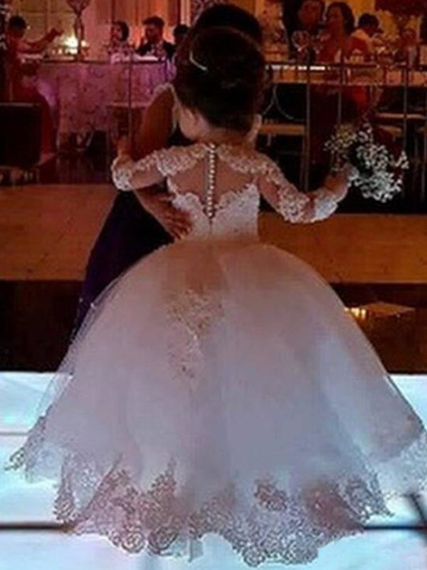 Ball-Gown Scoop Long Sleeves Beading Floor-Length Tulle Flower Girl Dress