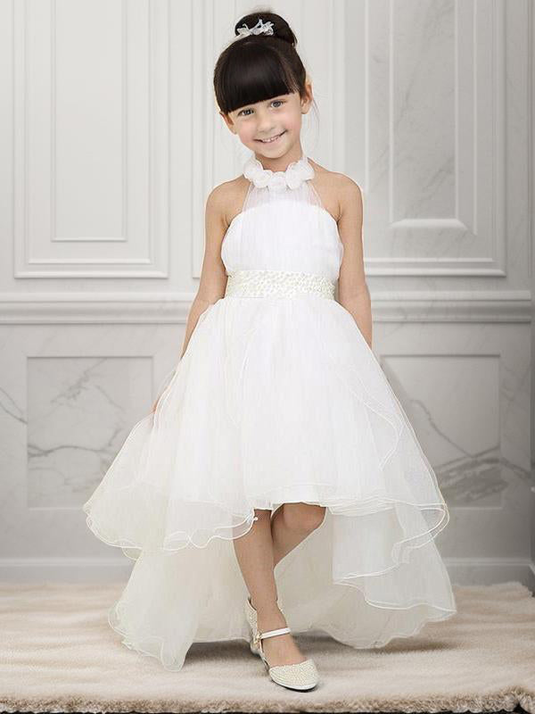 A-line High Neck Flower Asymmetrical Organza Flower Girl Dress