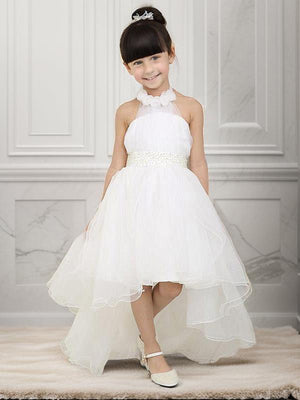 A-line High Neck Flower Asymmetrical Organza Flower Girl Dress