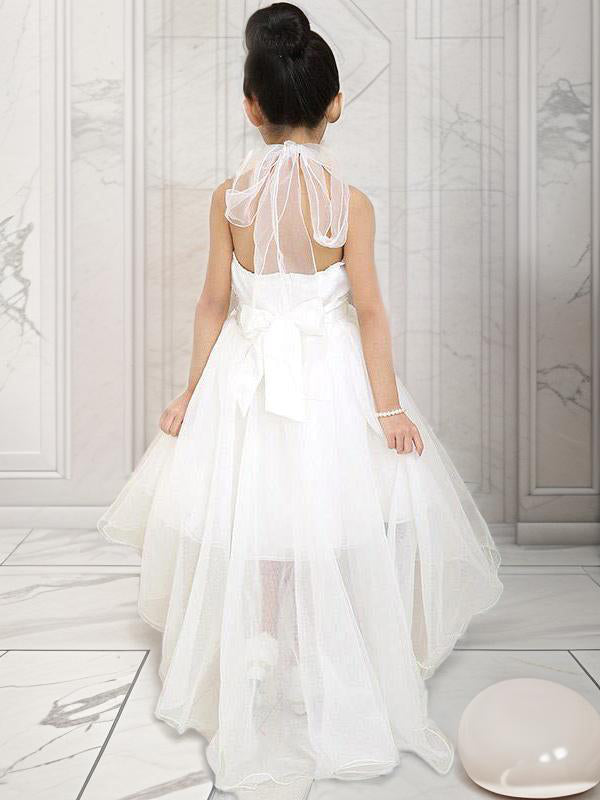 A-line High Neck Flower Asymmetrical Organza Flower Girl Dress