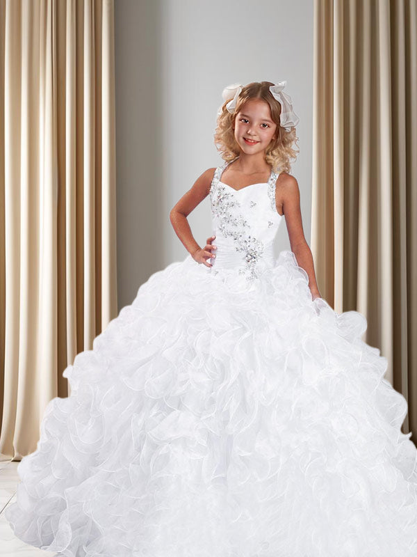Ball-Gown Straps Beading Floor-Length Organza Flower Girl Dress