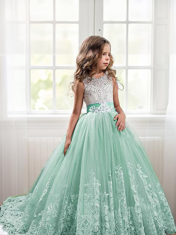Ball-Gown Jewel Beading Sweep Train Tulle Flower Girl Dress