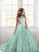 Ball-Gown Jewel Beading Sweep Train Tulle Flower Girl Dress