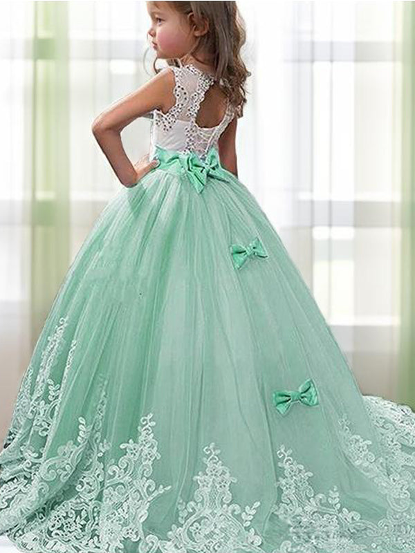 Ball-Gown Jewel Beading Sweep Train Tulle Flower Girl Dress