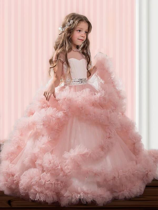 Ball-Gown Jewel Short Sleeves Beading Floor-Length Tulle Flower Girl Dress