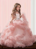 Ball-Gown Jewel Short Sleeves Beading Floor-Length Tulle Flower Girl Dress
