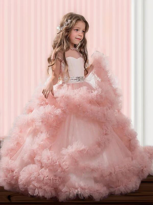 Ball-Gown Jewel Short Sleeves Beading Floor-Length Tulle Flower Girl Dress
