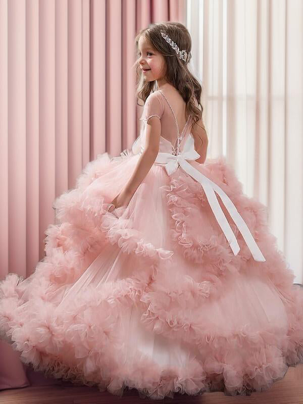 Ball-Gown Jewel Short Sleeves Beading Floor-Length Tulle Flower Girl Dress