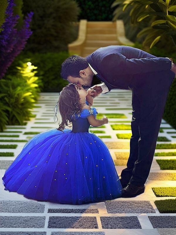 Ball-Gown Off-the-Shoulder Flower Floor-Length Tulle Flower Girl Dress