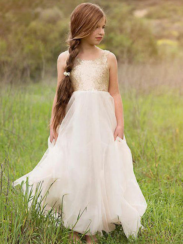 A-line Scoop Sequin Floor-Length Tulle Flower Girl Dress