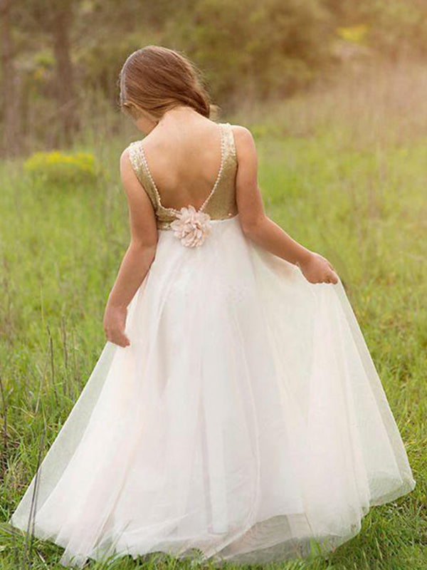 A-line Scoop Sequin Floor-Length Tulle Flower Girl Dress