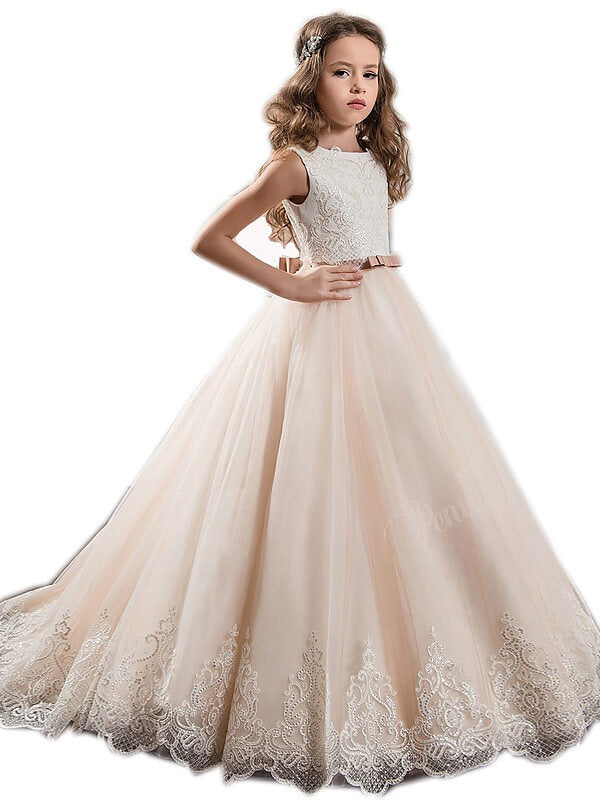 Ball-Gown Jewel Bow Sweep Train Tulle Flower Girl Dress