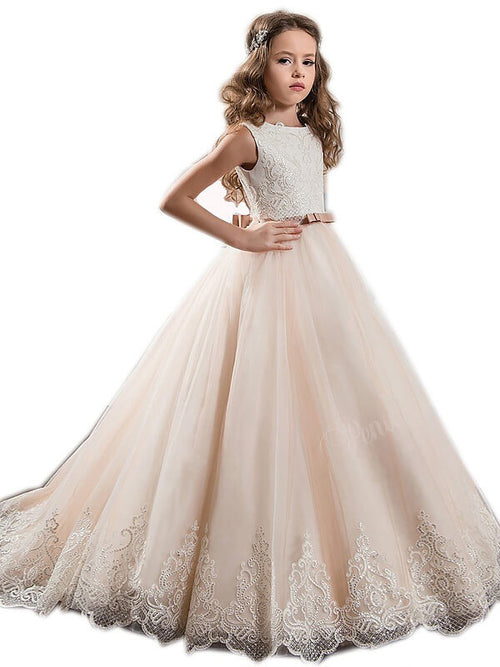 Ball-Gown Jewel Bow Sweep Train Tulle Flower Girl Dress