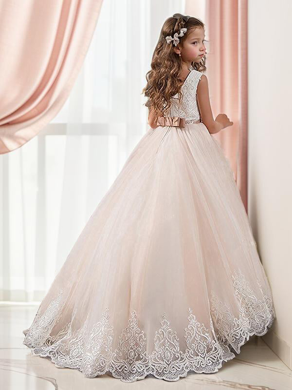 Ball-Gown Jewel Bow Sweep Train Tulle Flower Girl Dress