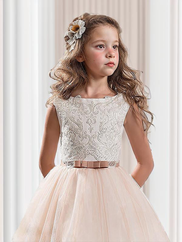 Ball-Gown Jewel Bow Sweep Train Tulle Flower Girl Dress