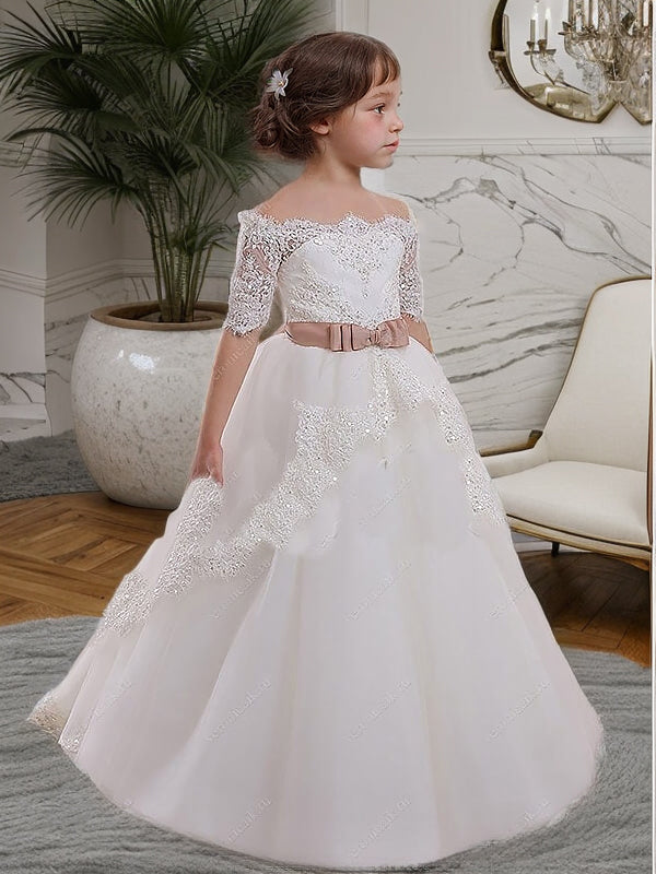 Ball-Gown Off-the-Shoulder Short Sleeves Bow Sweep Train Tulle Flower Girl Dress