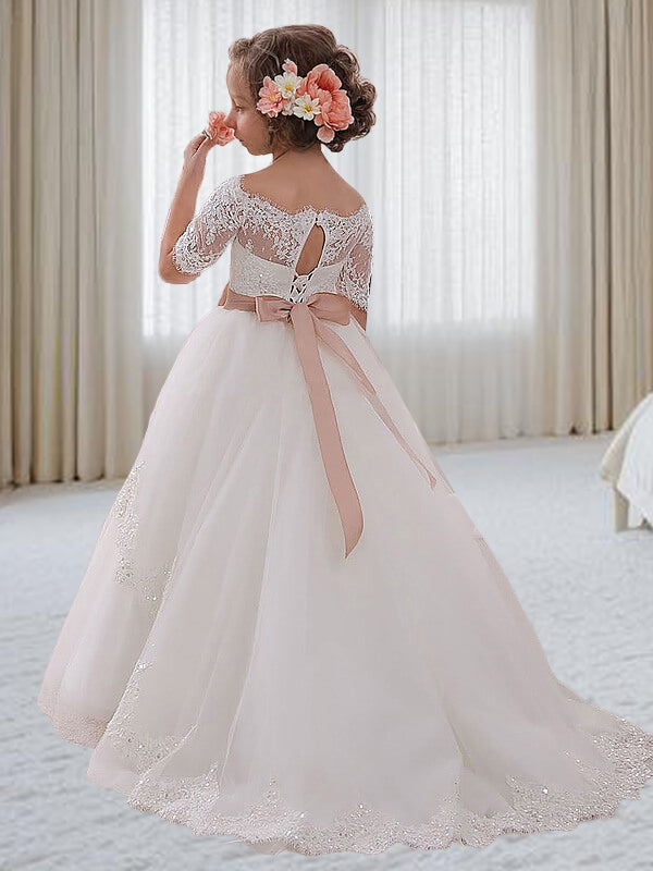 Ball-Gown Off-the-Shoulder Short Sleeves Bow Sweep Train Tulle Flower Girl Dress