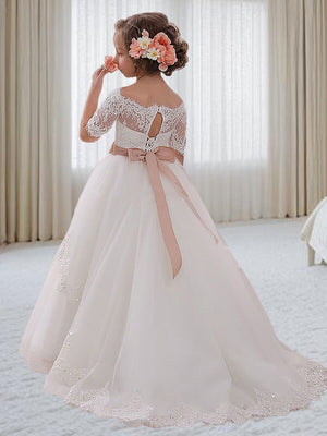 Ball-Gown Off-the-Shoulder Short Sleeves Bow Sweep Train Tulle Flower Girl Dress