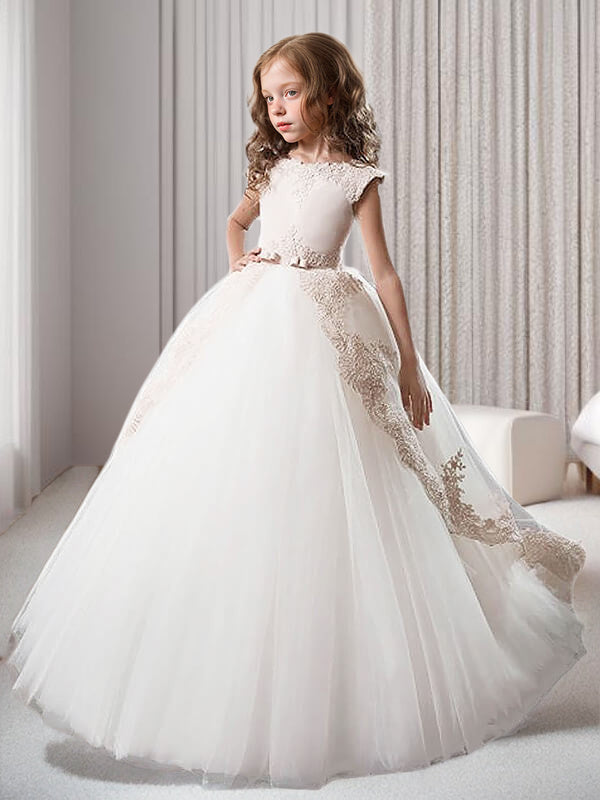 Ball-Gown Scoop Bow Floor-Length Tulle Flower Girl Dress