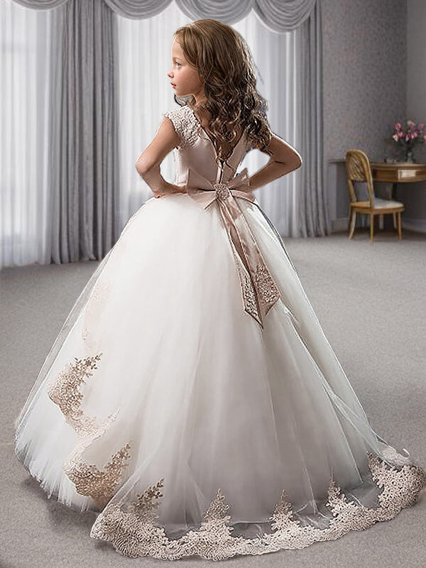 Ball-Gown Scoop Bow Floor-Length Tulle Flower Girl Dress