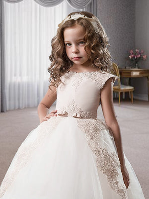 Ball-Gown Scoop Bow Floor-Length Tulle Flower Girl Dress