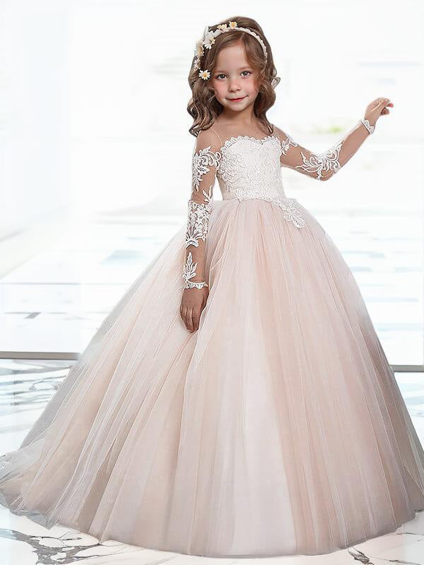 Ball-Gown Scoop Long Sleeves Applique Sweep Train Tulle Flower Girl Dress