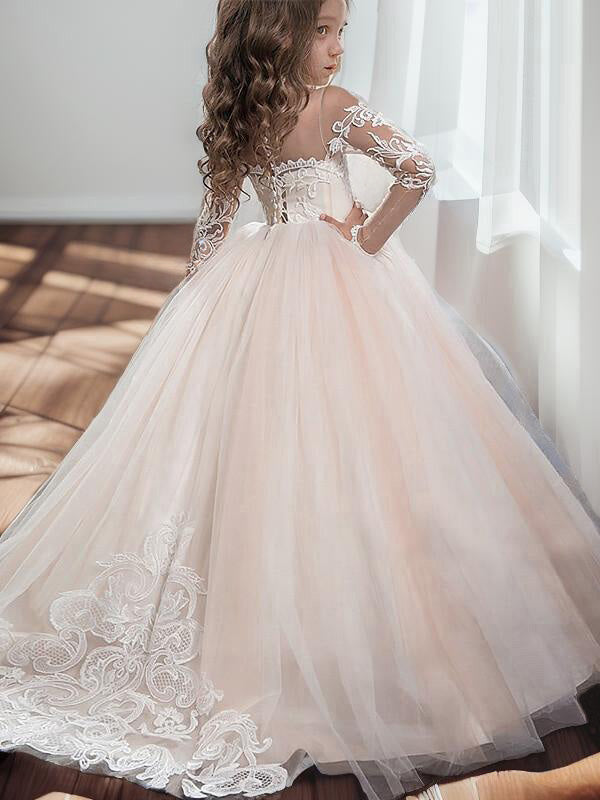 Ball-Gown Scoop Long Sleeves Applique Sweep Train Tulle Flower Girl Dress