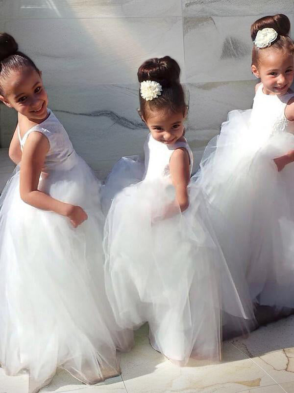 Ball-Gown Jewel Lace Floor-Length Tulle Flower Girl Dress