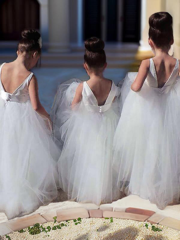 Ball-Gown Jewel Lace Floor-Length Tulle Flower Girl Dress