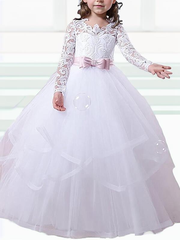 Ball-Gown Jewel Long Sleeves Bow Floor-Length Tulle Flower Girl Dress