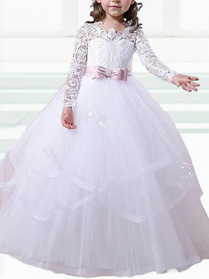 Ball-Gown Jewel Long Sleeves Bow Floor-Length Tulle Flower Girl Dress
