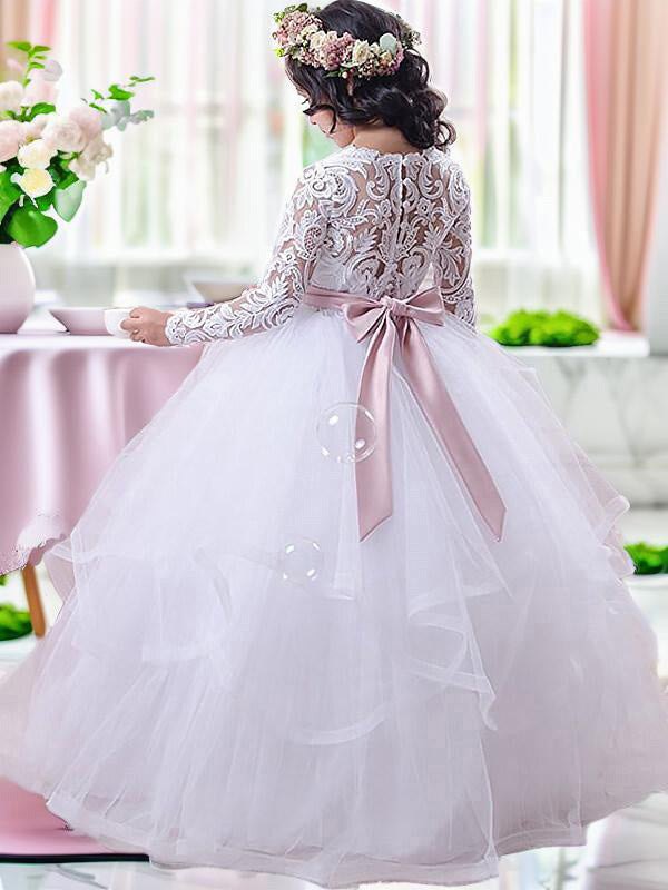 Ball-Gown Jewel Long Sleeves Bow Floor-Length Tulle Flower Girl Dress