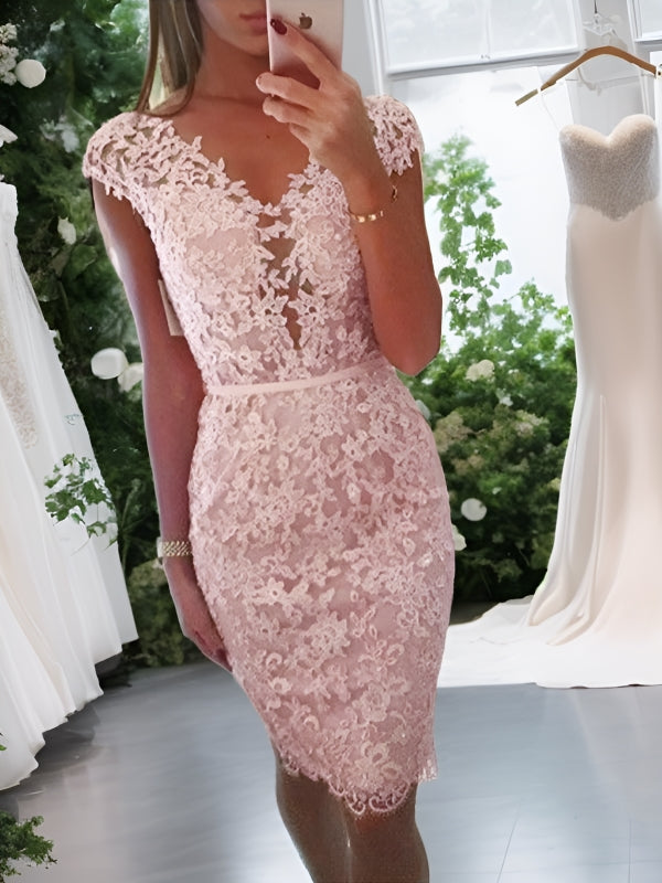 Sheath V-neck Pleated Knee-Length Lace Dress