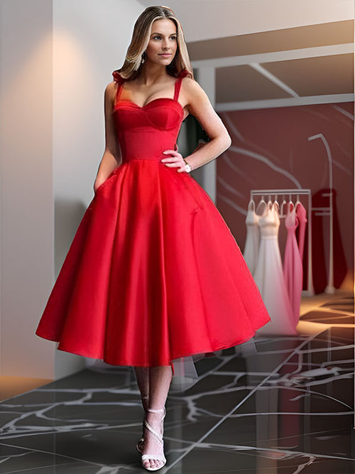 A-line Straps Ruffles Tea-Length Satin Dress