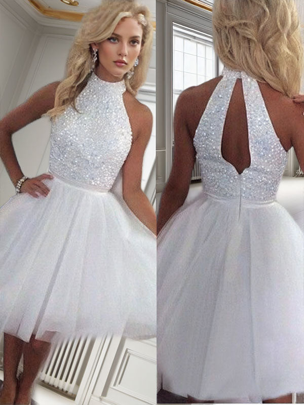 A-line Halter Sequin Short/Mini Tulle Dress