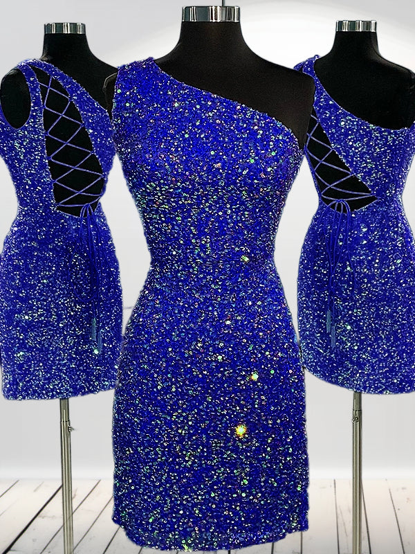 Sheath One-Shoulder Sequin Short/Mini Velvet Sequins Dress