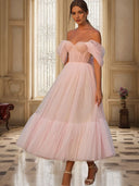 A-line Off-the-Shoulder Ruffles Tea-Length Tulle Dress