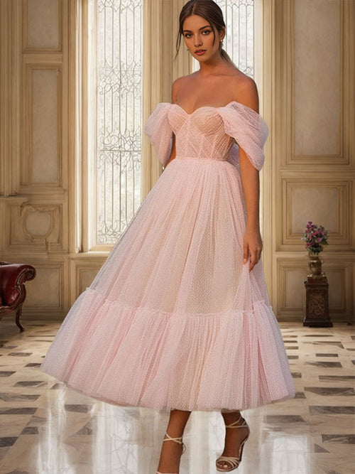 A-line Off-the-Shoulder Ruffles Tea-Length Tulle Dress