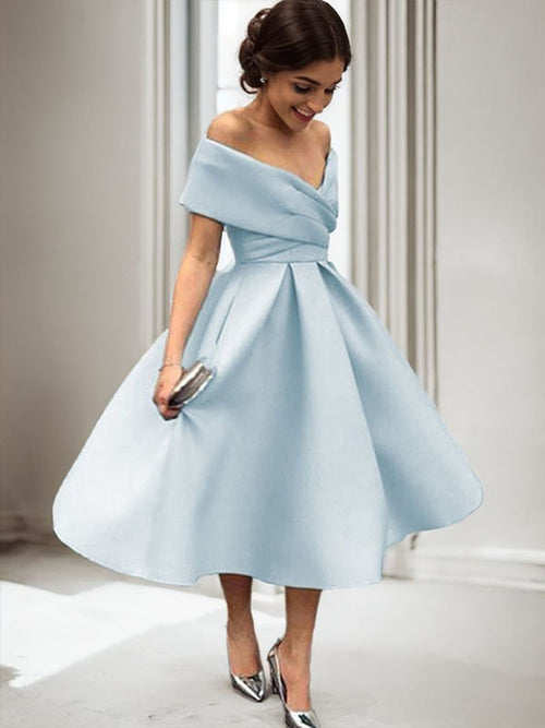 A-line Off-the-Shoulder Ruffles Tea-Length Satin Dress